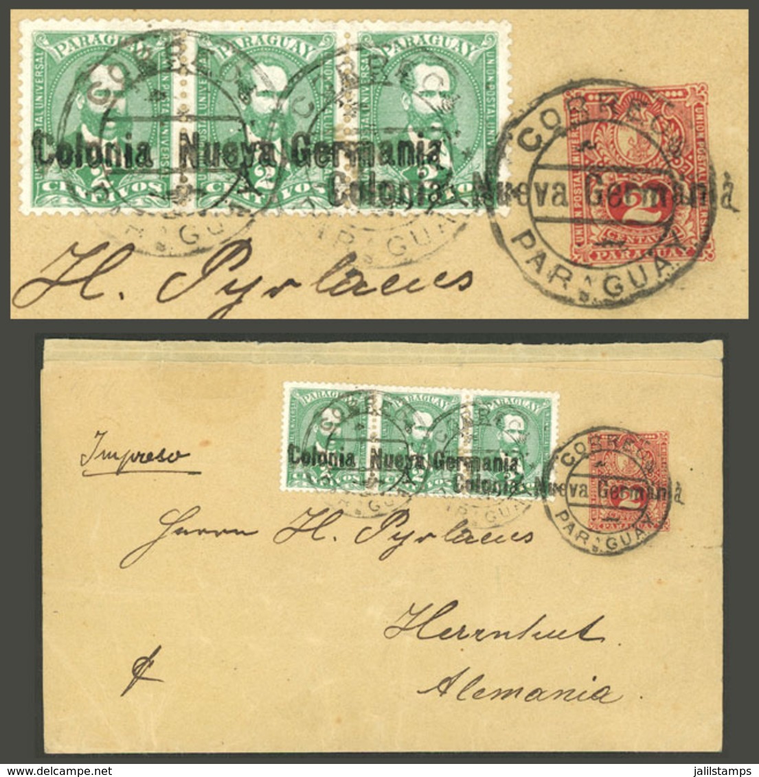 PARAGUAY: "Circa 1896, 2c. Wrapper + Sc.34a Strip Of 3 (total Postage 8c.) With Extremely Rare Combined Postmark: "Doubl - Paraguay