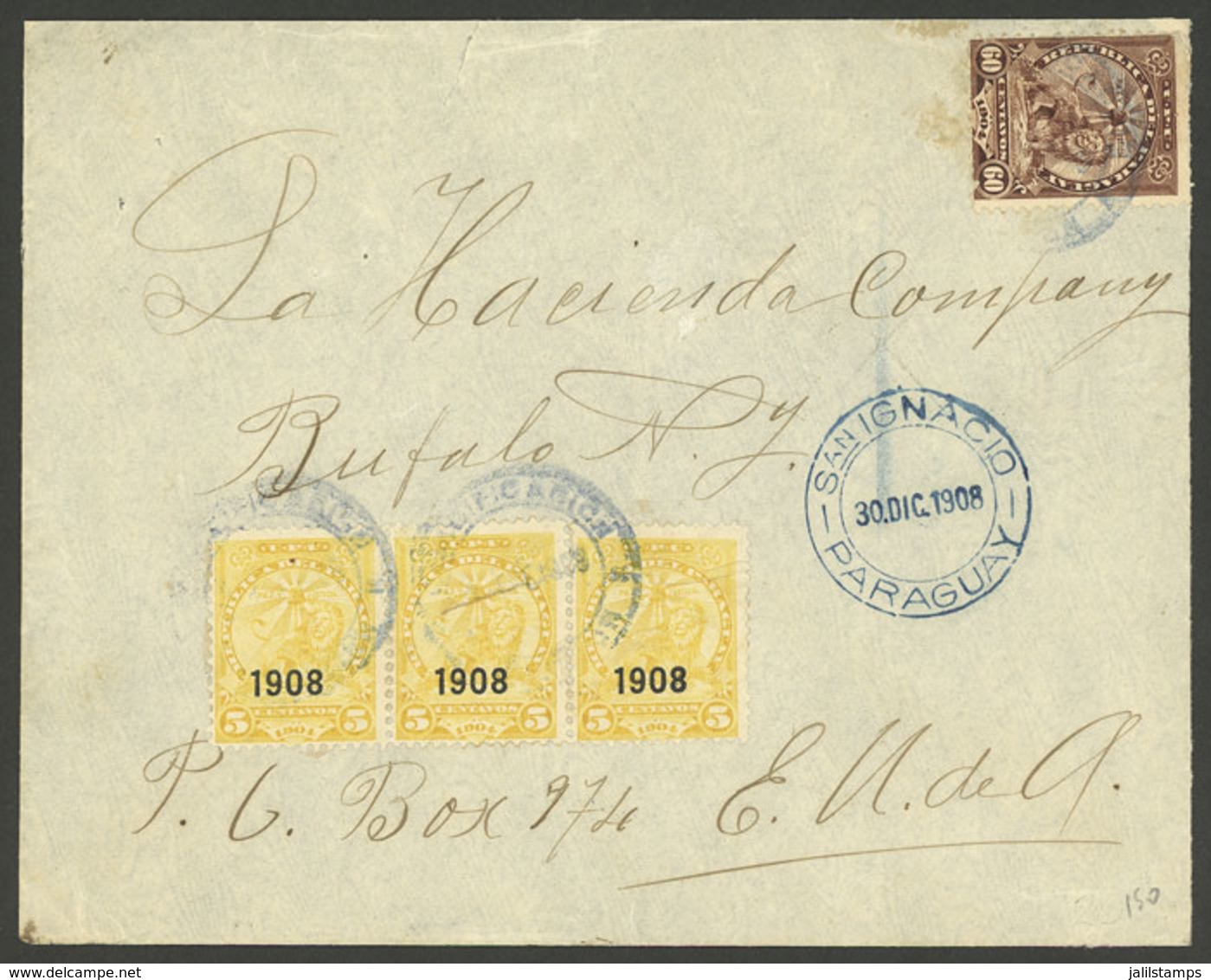 PARAGUAY: 20/DE/1908 SAN IGNACIO - USA, Cover Franked With 75c. (with Asunción Cancels), Excellent Quality, Rare! - Paraguay