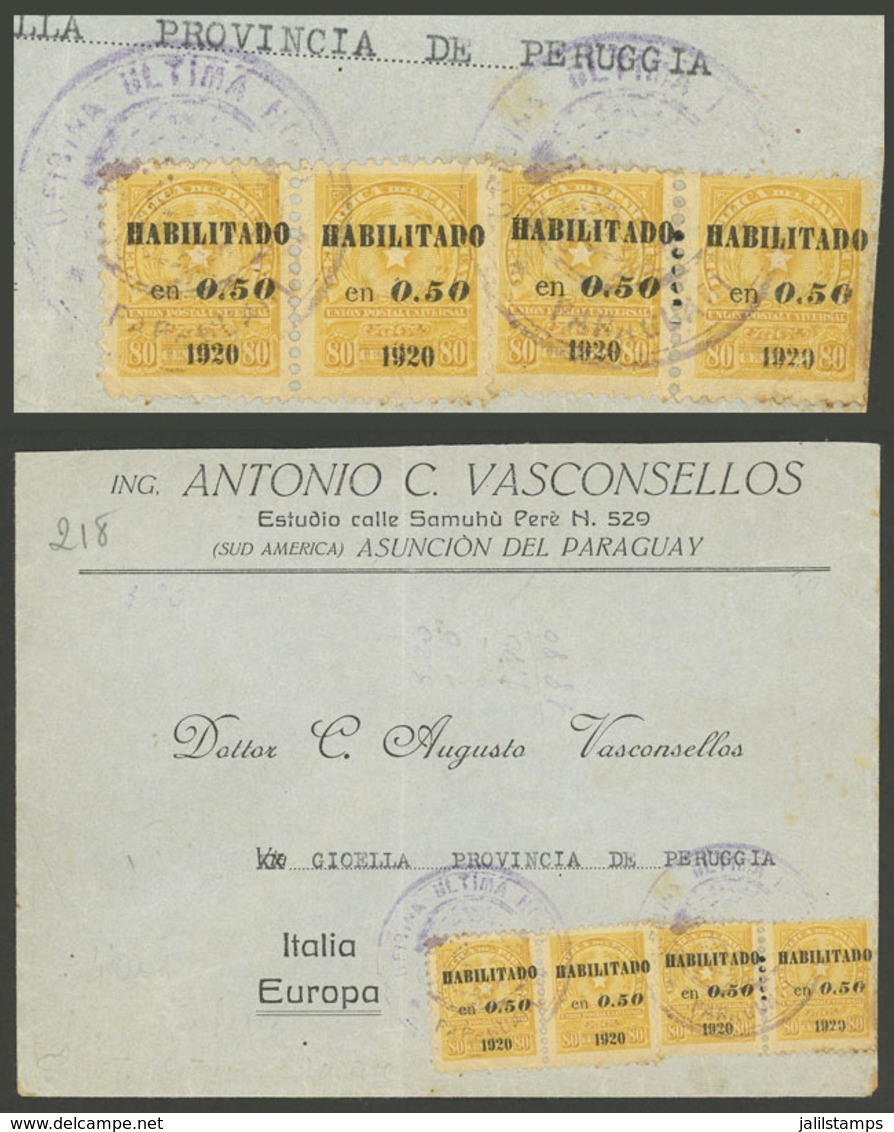 PARAGUAY: "Cover Sent From Asunción To Italy In JUL/1920 Franked With 2P. And Attractive "ULTIMA HORA" Cancels, Arrival  - Paraguay