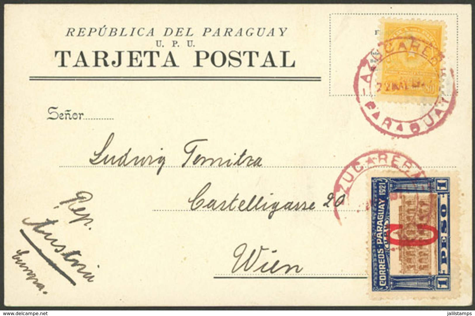 PARAGUAY: 22/MAY/1922 AZUCARERA - Austria, Card Franked 1.80P. With Attractive Red Cancels, Excellent Quality! - Paraguay