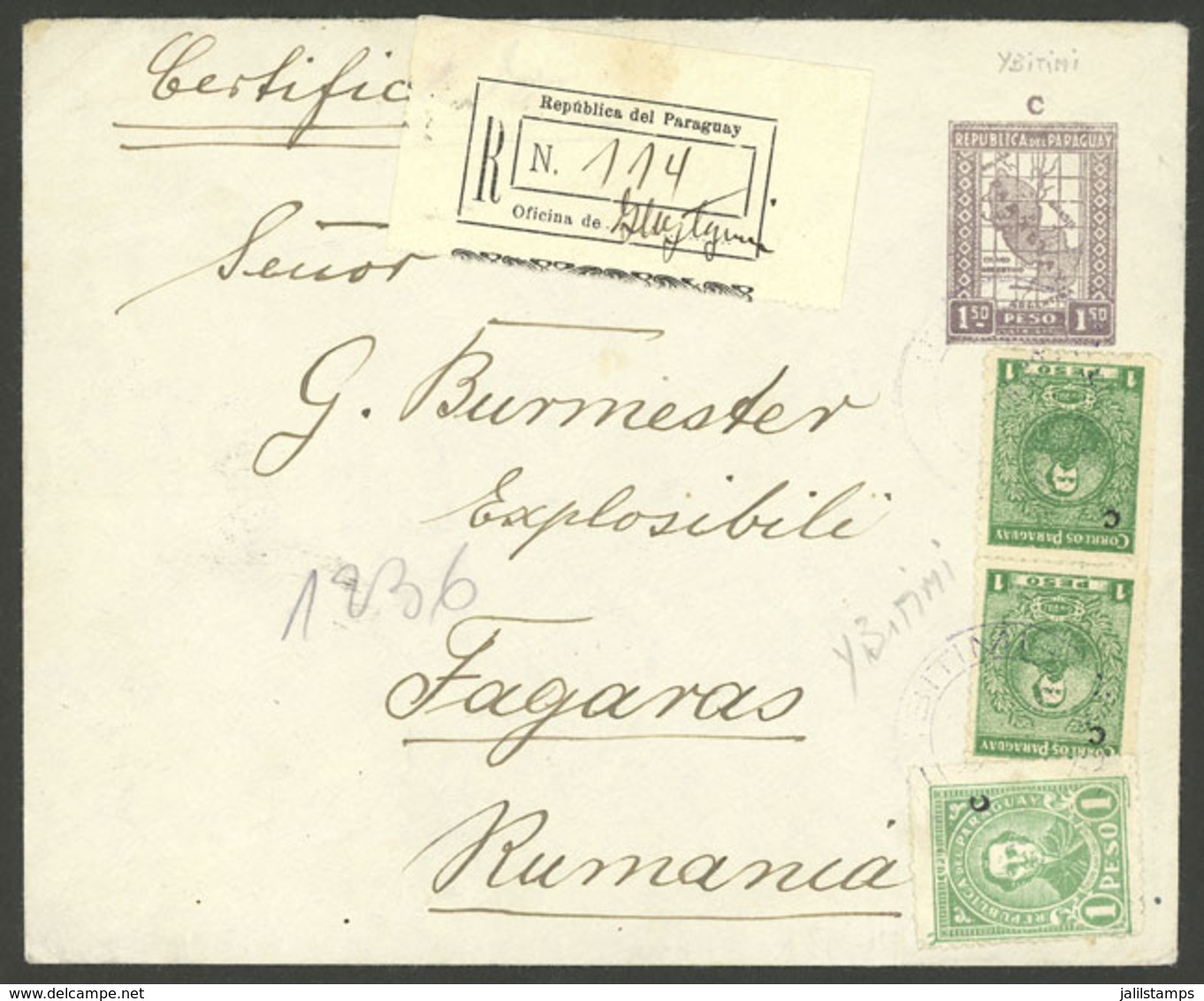 PARAGUAY: FE/1928 YBITIMI - Romania, Registered Cover (1.50P. Postal Stationery + Additional Postage For 3P.), With Rare - Paraguay