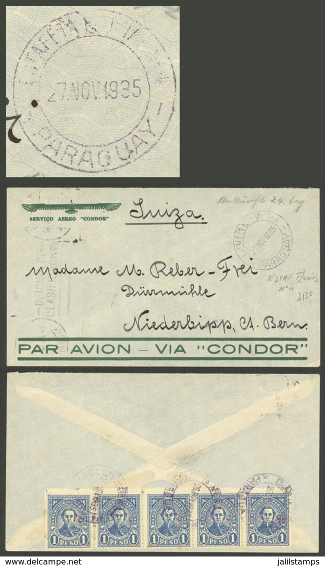 PARAGUAY: "Airmail Cover Sent To Switzerland On 27/NO/1935 Franked On Back With 5P. And Cancelled "ESTAFETA FLUVIAL Nº4" - Paraguay