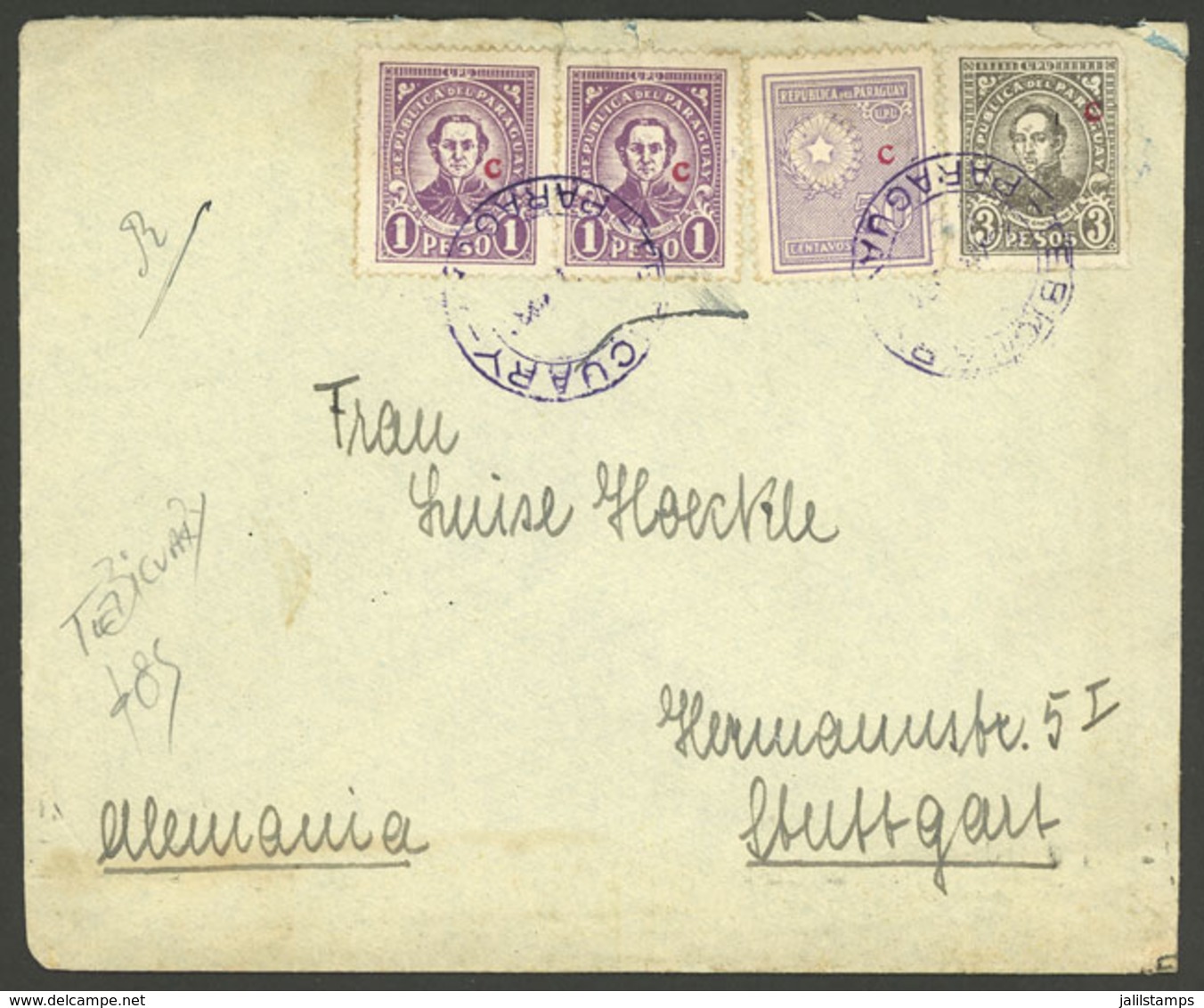 PARAGUAY: 20/AU/1936 TEBICUARY - Germany, Cover Franked With 5.50P., Very Well Applied Cancels, With Transit Backstamp O - Paraguay