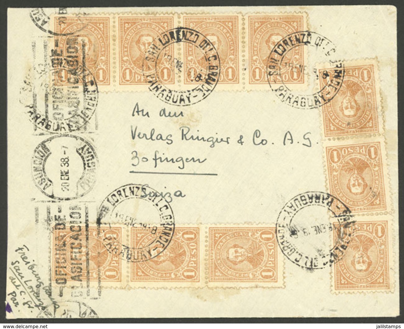 PARAGUAY: 19/JA/1938 SAN LORENZO DEL C. GRANDE - Switzerland, Cover Franked With 10P. And Neat Cancels, Very Fine Qualit - Paraguay