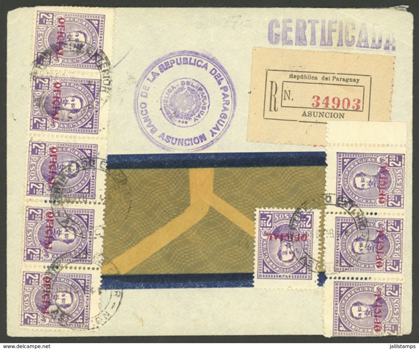 PARAGUAY: Registered Official Cover Sent From Asunción To Switzerland In FE/1938 Franked With $22.50 In Official Stamps, - Paraguay