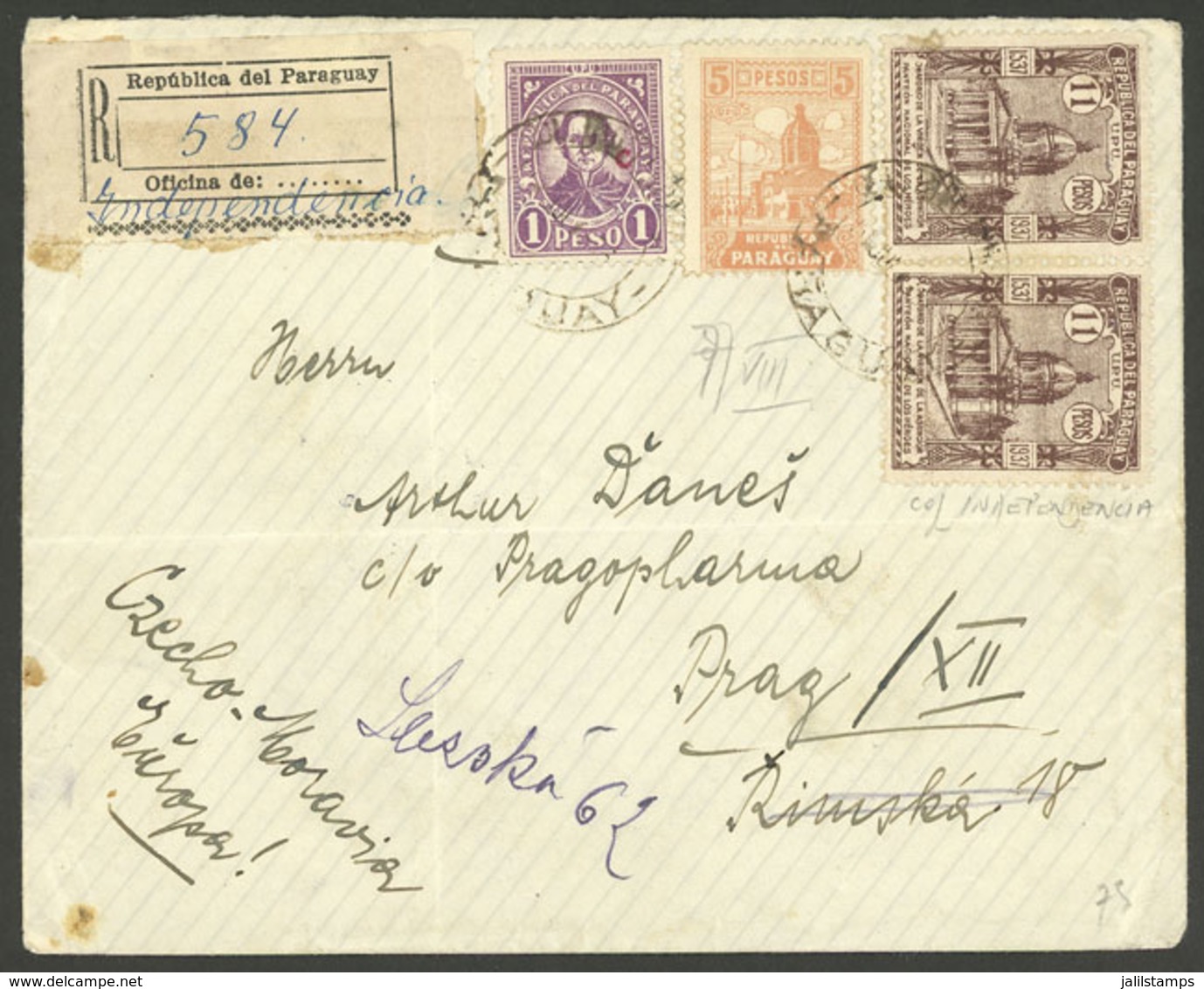 PARAGUAY: 5/JUL/1939 COLONIA INDEPENDENCIA - Czechoslovakia, Registered Cover Franked With 28P., With Transit And Arriva - Paraguay