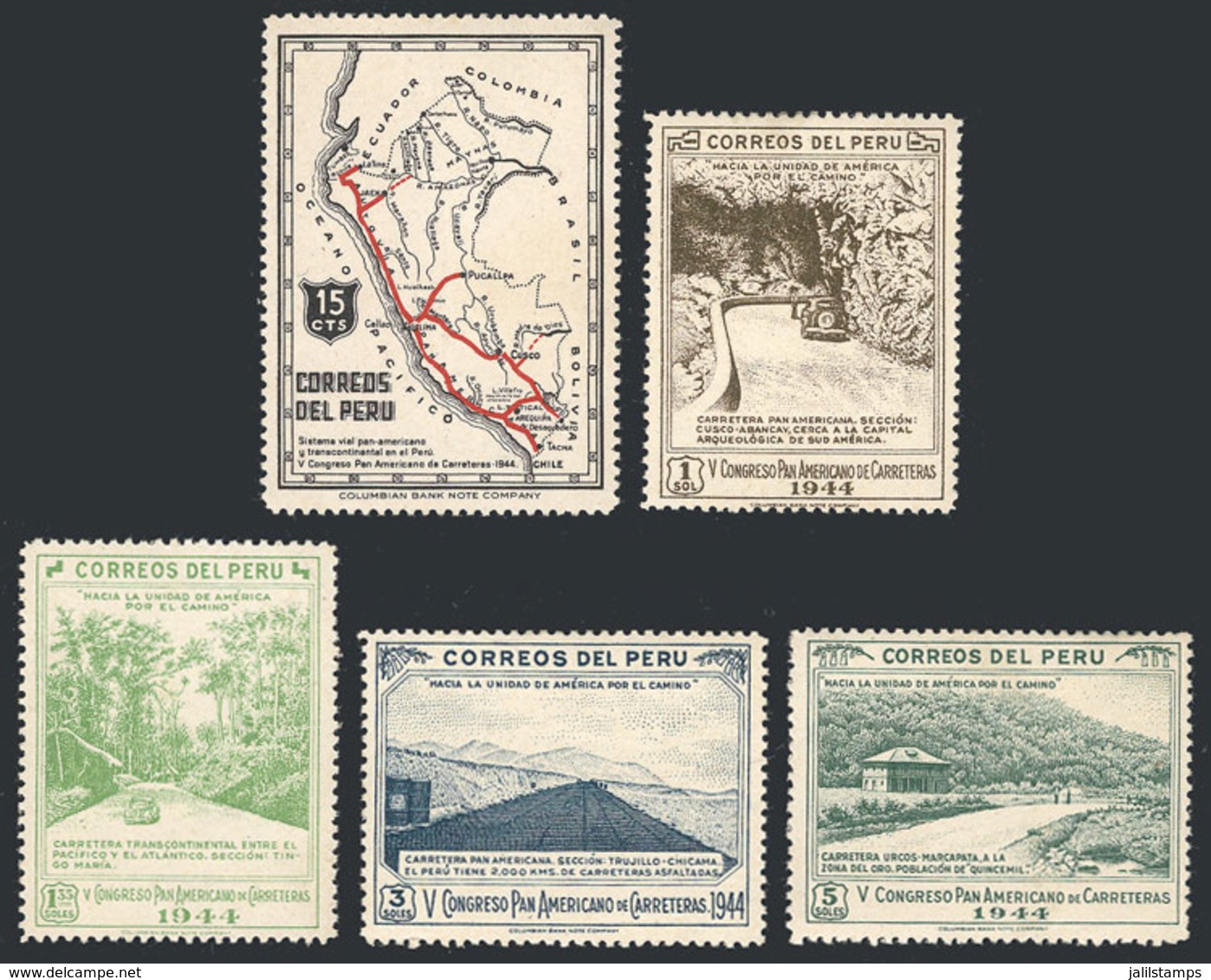 PERU: Sc.420/424, 1947 First National Congress Of Tourism, Complete Set Of 5 Values WITHOUT OVERPRINT, The Set Was Prepa - Peru