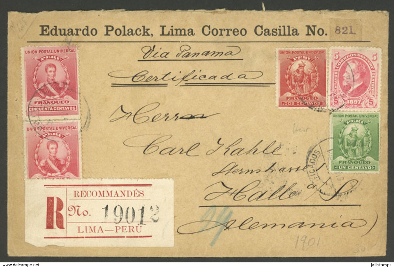 PERU: 25/JA/1901 Lima - Germany, Registered Cover Franked With 1.08S., With Attractive Seals On Back Of Eduardo Polack,  - Perú