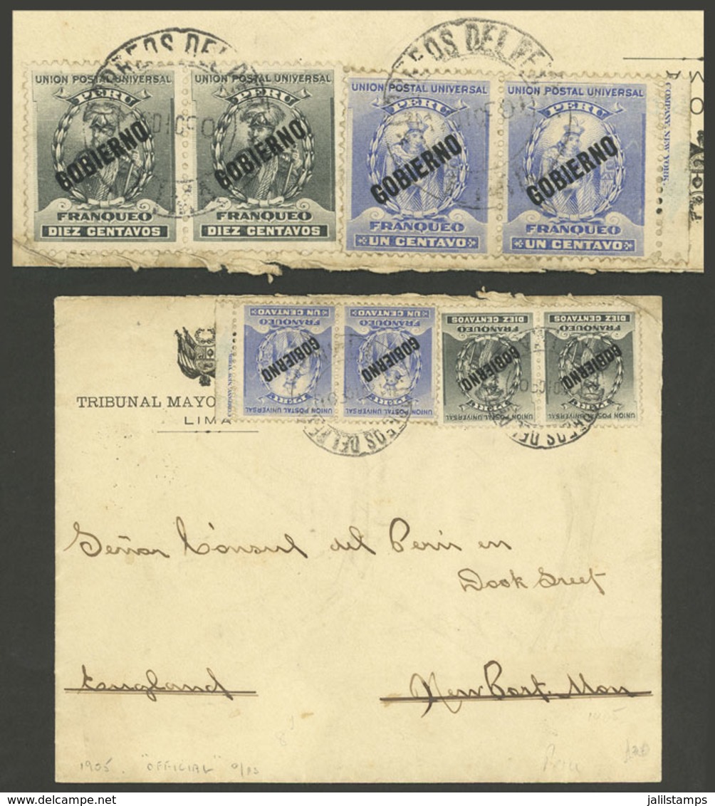 PERU: Official Cover Sent From Lima To England In DE/1904 With Double Franking Of 22c. Paid By Sc.O23 + O25 In Pairs, VF - Perú