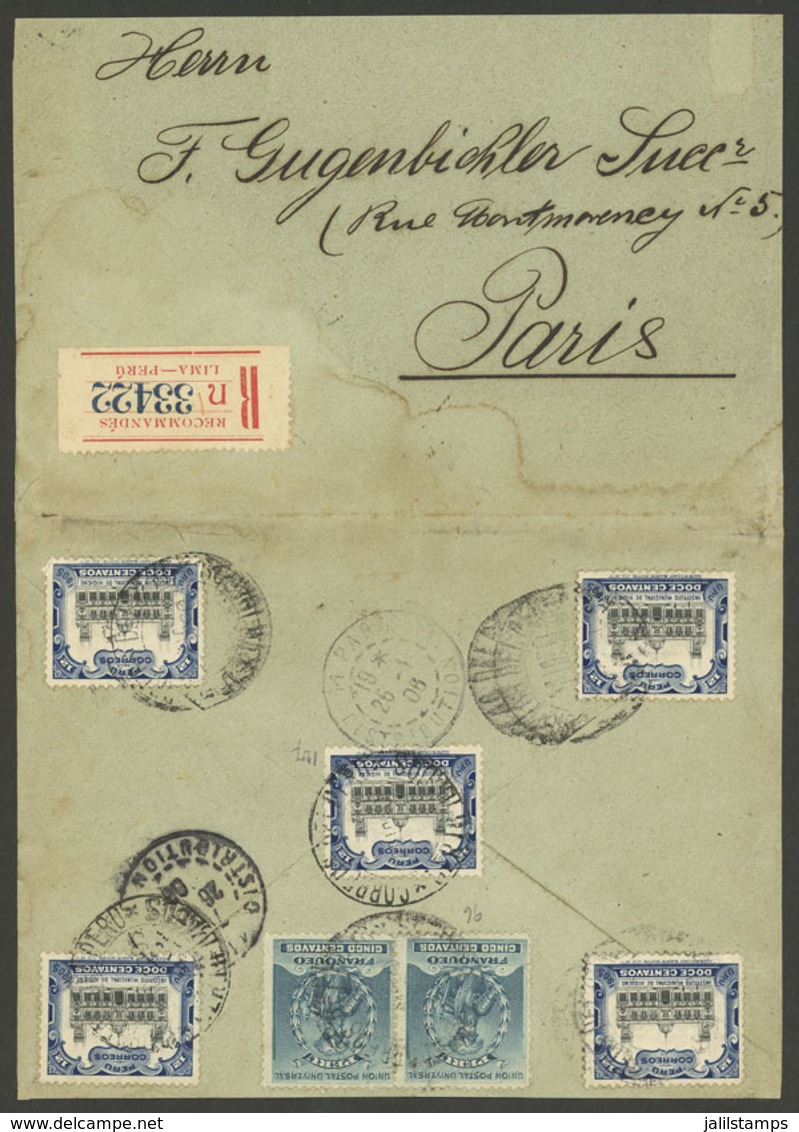 PERU: DE/1905 Lima - Paris, Cover With Stamps That Total 70c. (10c. Registration + 60c. Postage), With Arrival Mark Of 2 - Perú