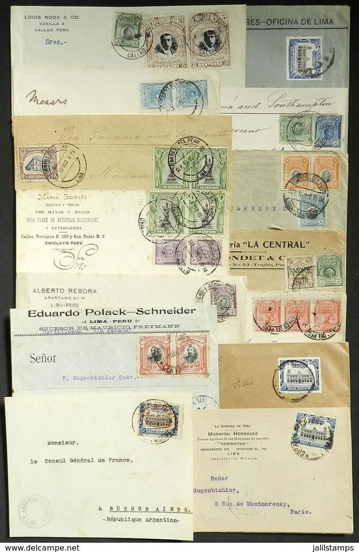 PERU: 12 Covers + 2 Fronts Used Between 1906 And 1912, Varied Postages And Destinations, Fine To Very Fine General Quali - Perù