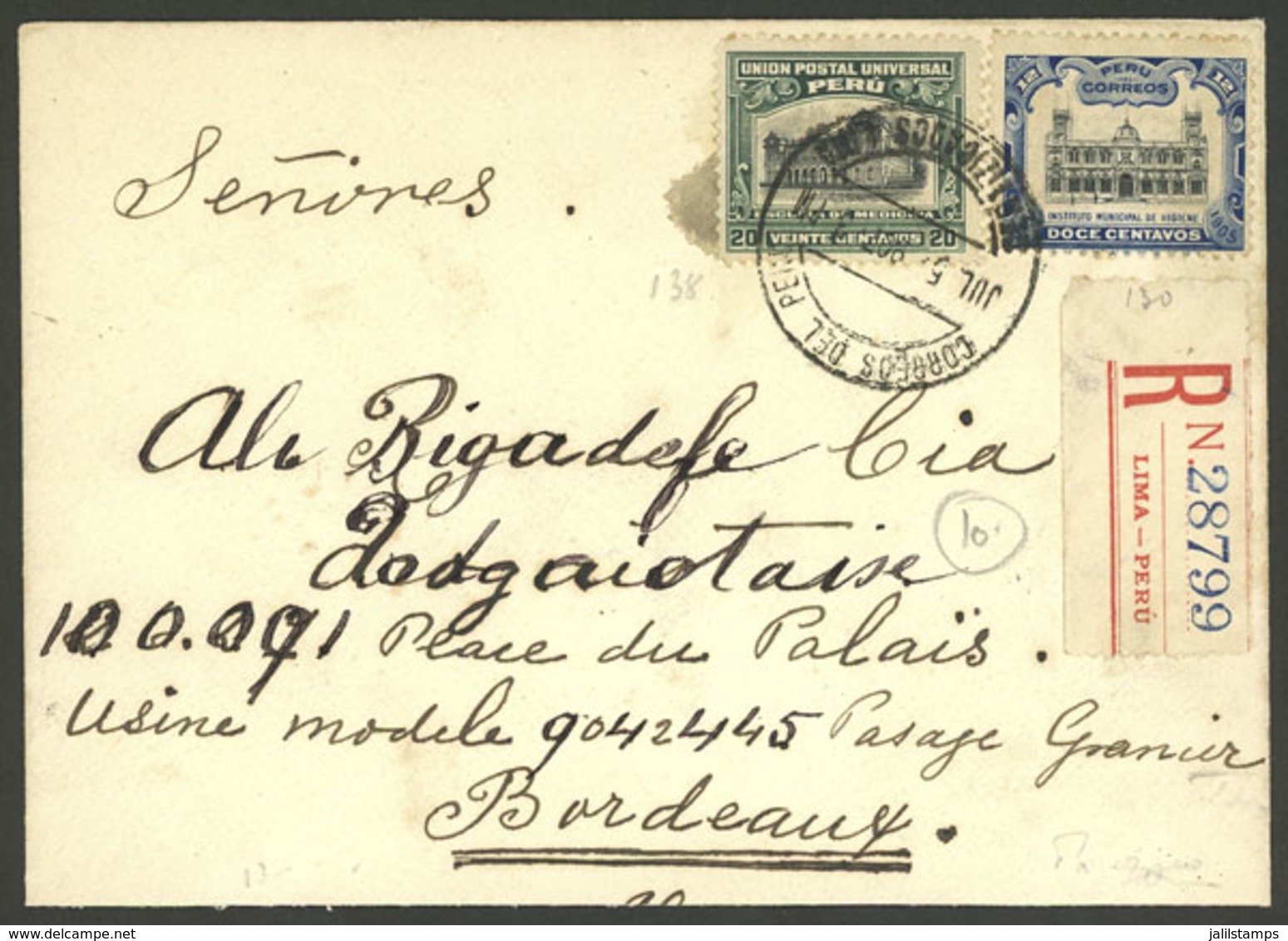 PERU: 5/JUL/1905 Lima - France, Registered Cover Franked With 32c. (10c. Registration Fee + 22c. Postage), Very Nice! - Peru