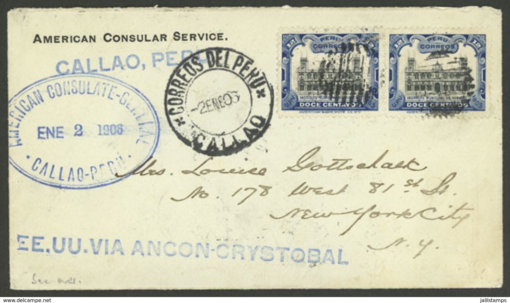 PERU: 2/JA/1908 Callao - USA, Cover Of The American Cosulate Franked With 24c. (double Rate Of 20c. + 4c. Transit Throug - Perú