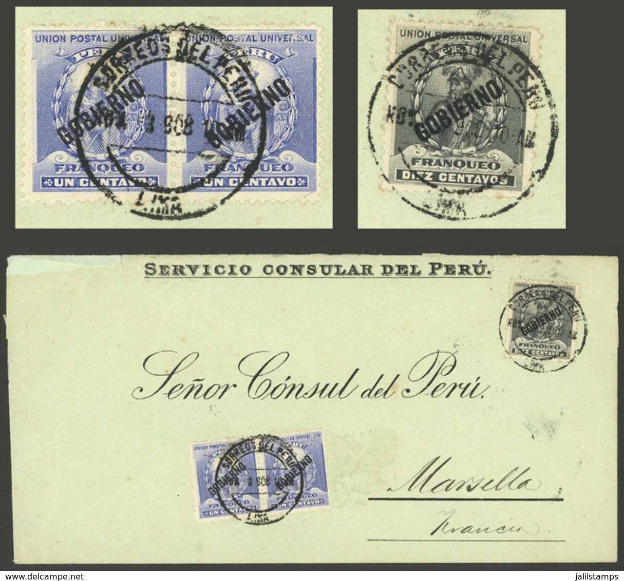 PERU: Official Cover Sent From Lima To France In MAR/1908, Franked With Sc.O23 Pair + O25, Total Postage 12c., VF Qualit - Peru