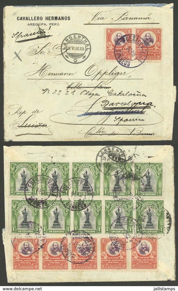 PERU: "JUN/1908 Arequipa - Switzerland - Spain, Cover With Spectacular 24c. Postage Cancelled In Arequipa "FUERA DE VALI - Perú