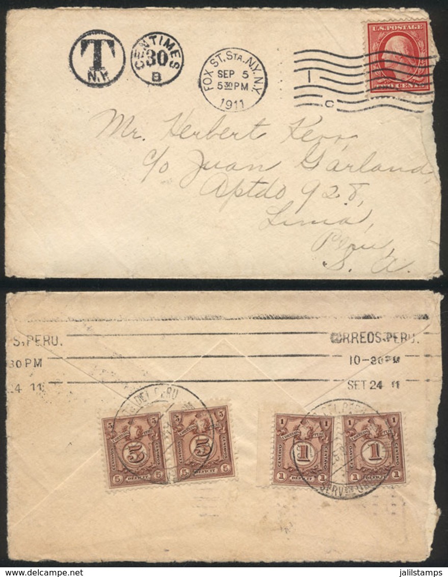 PERU: Cover Sent From USA To Lima On 5/SE/1911 With Insufficient Postage And Due Mark For 30c. Applied At Origin. ON Arr - Peru