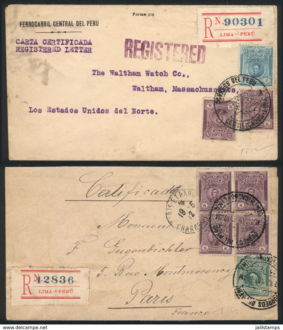 PERU: 22c. Rates For Registered Letters Sent Abroad Via Panama Canal: 2 Covers Sent In 1912 To USA And France With 22c.  - Perú