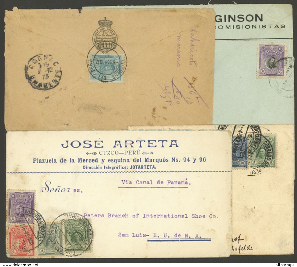 PERU: 4 Covers Mailed Overseas Between 1913 And 1917 Via The Panama Canal, With 12c. Postage (all Different), Very Nice! - Perù