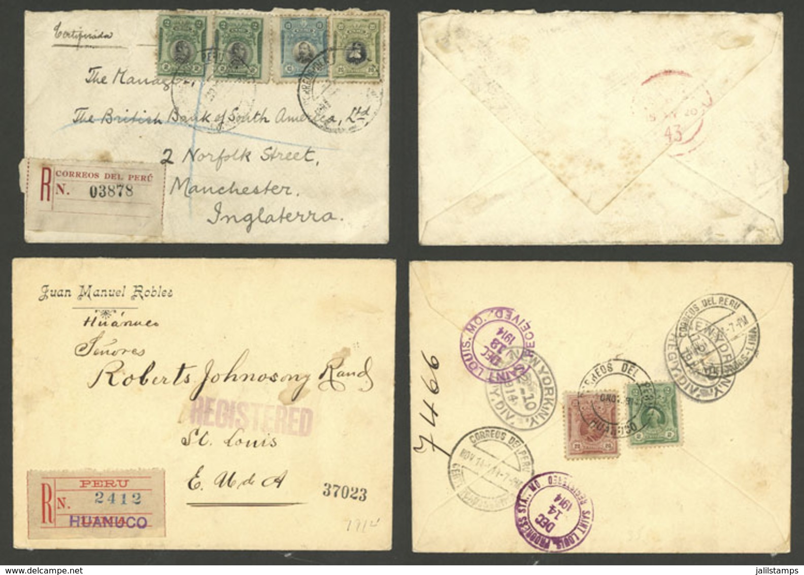 PERU: 2 Registered Covers Sent In 1914 And 1920 From Huanuco And ? To USA And England Through The Panama Canal, Franked  - Pérou