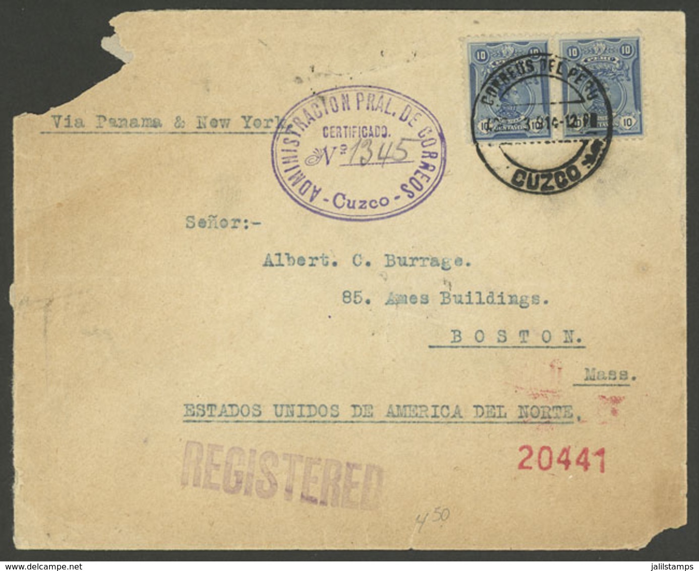 PERU: 30/MAR/1914 Cuzco - USA, REGISTERED Cover With Unusual Postage Of 20c., With Attractive Violet Oval Registration M - Perú