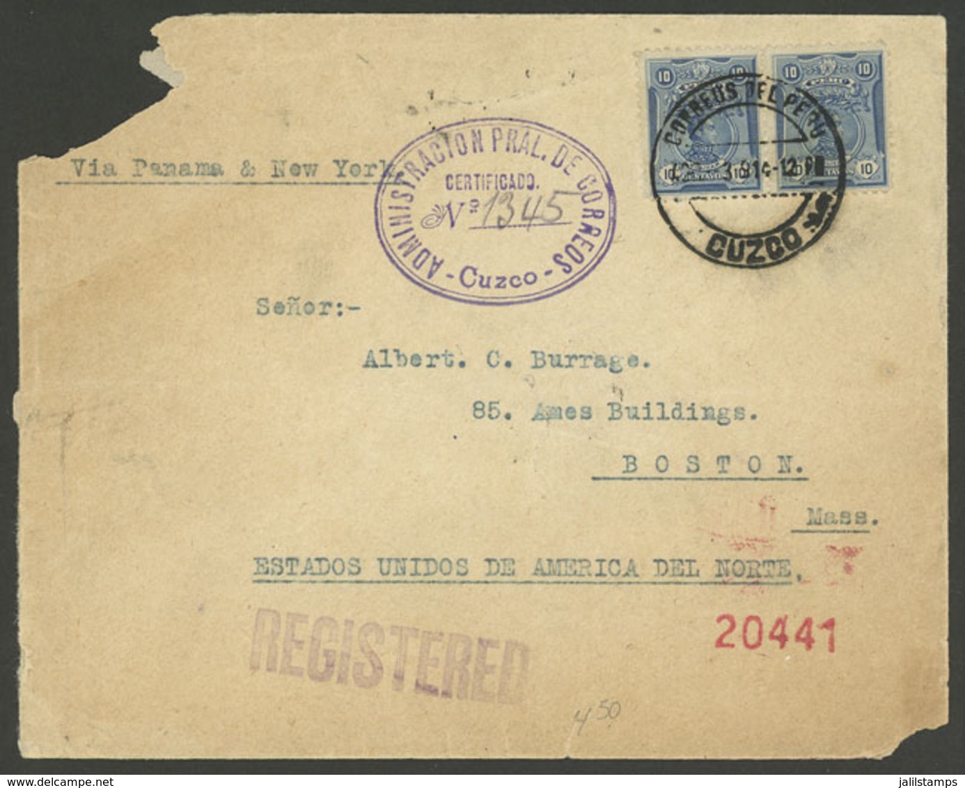 PERU: 30/MAR/1914 Cuzco - USA, REGISTERED Cover With Unusual Postage Of 20c., With Attractive Violet Oval Registration M - Peru