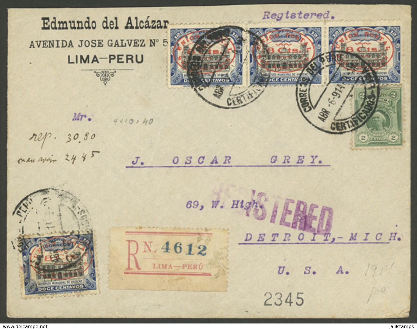 PERU: 6/AP/1914 Lima - USA, Registered Cover Franked With 34c. Corresponding To A Double Rate Via The Panama Canal (24c. - Perú
