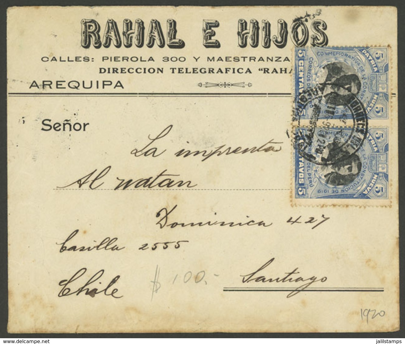 PERU: 6/OC/1920 Arequipa - Santiago De Chile, Cover Franked With 10c. (Sc.20 Pair), Very Attractive! - Peru