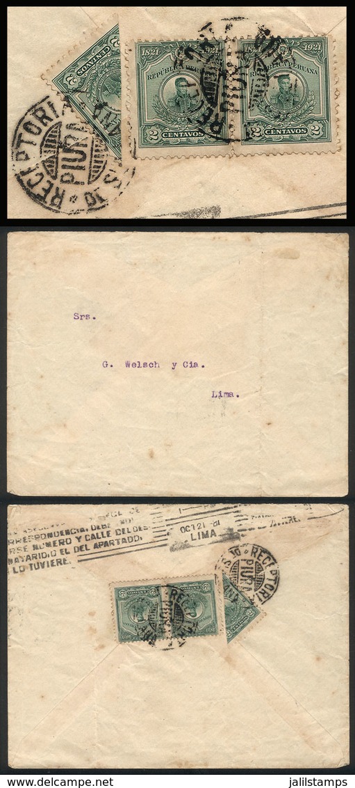 PERU: Cover Sent From Piura To Lima In OC/1921 Franked On Back With 5c. (Sc.223 Pair + Bisect!), Very Fine Quality! - Perú