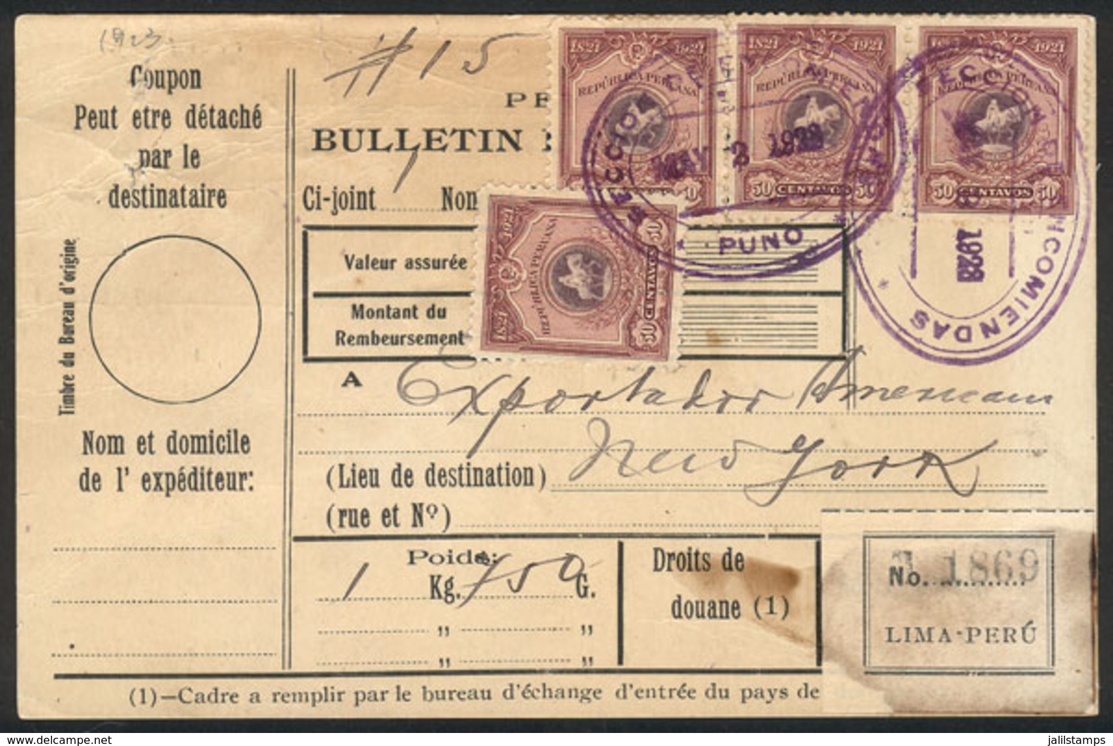PERU: Dispatch Note For Parcel Post Sent From Puno To New York On 2/MAY/1923, Franked With 2S. (Sc.230 X4), VF Quality! - Perú