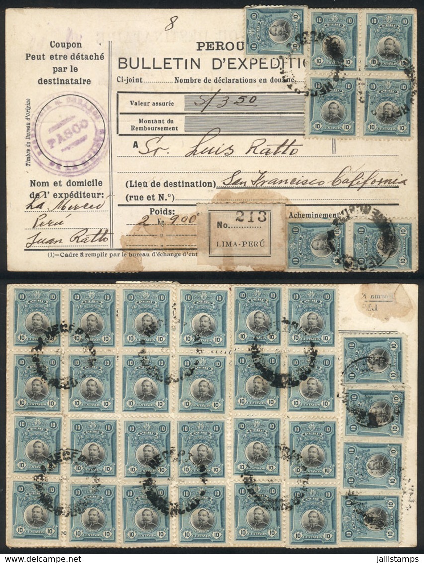 PERU: Dispatch Note For Parcel Post Sent From RECEPTORIA DE LA MERCED (Pasco) To USA With Handsome Postage Of Sc.214 X35 - Peru