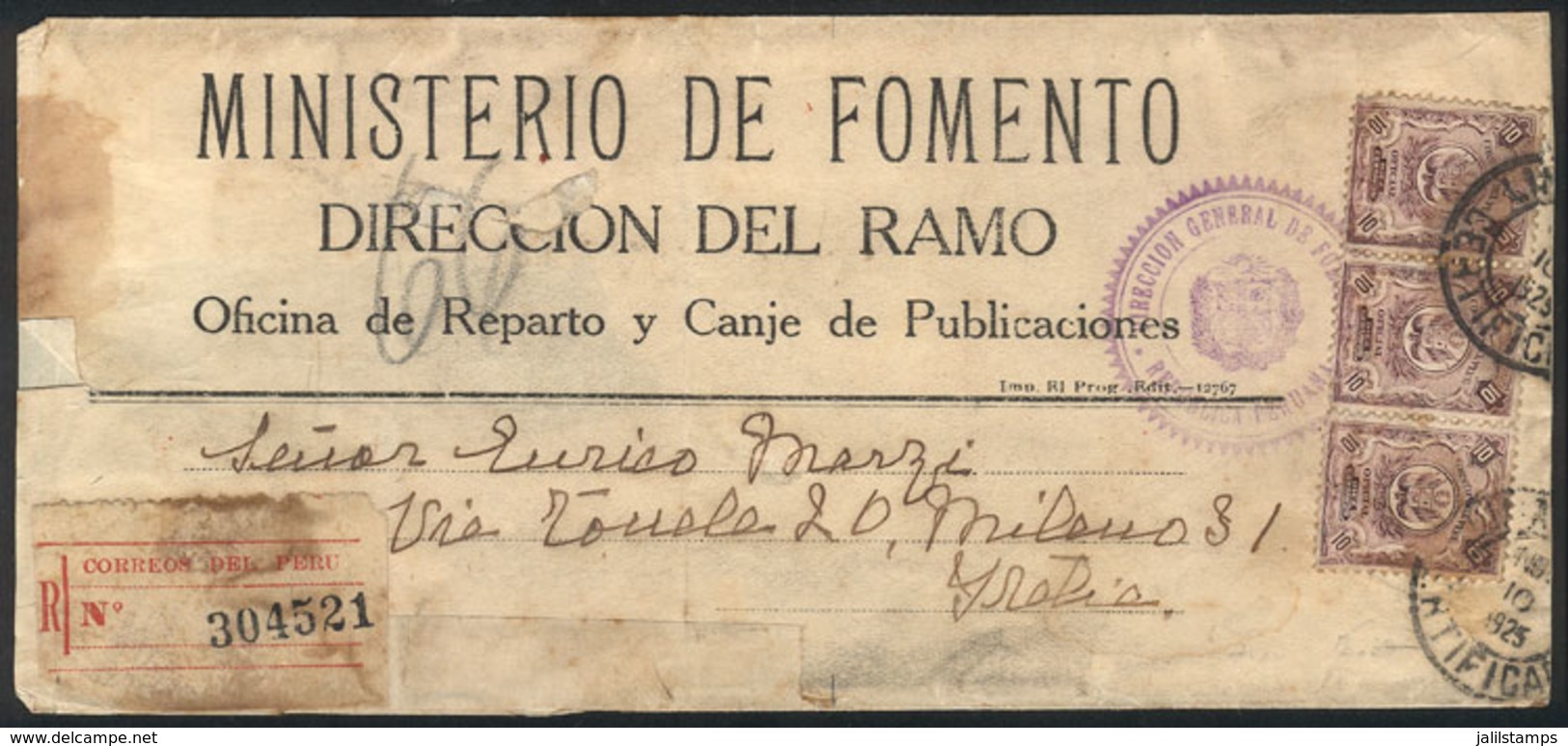 PERU: OFFICIAL Wrapper That Contained Printed Matter Sent By REGISTERED Mail From Lima To Italy On 10/NO/1925 With Offic - Perú