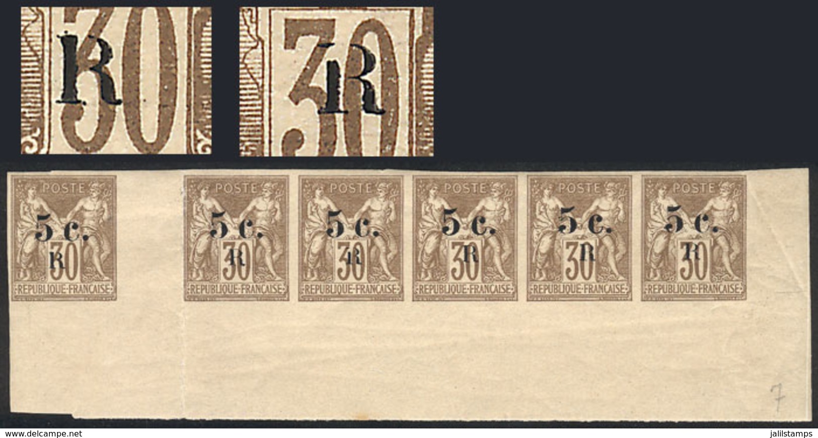 REUNION: "Yvert 7, Beautiful Gutter Strip Of 6, Mint (4 Stamps MNH), With A Marked Crease Between 1st And 2nd Stamp (and - Otros & Sin Clasificación