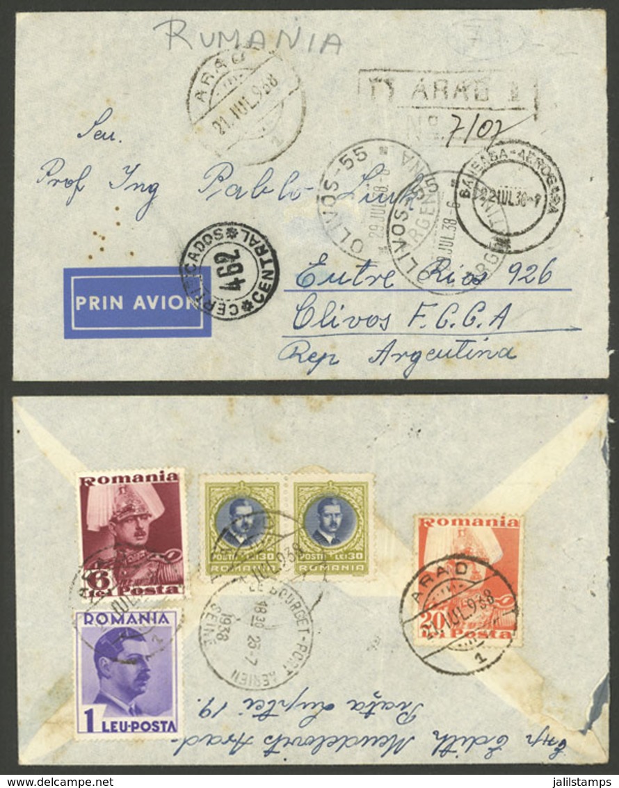 ROMANIA: Registered Airmail Cover Sent From Arad To Argentina On 21/JUL/1938 With Nice Postage On Back, It Bears A Numbe - Otros & Sin Clasificación