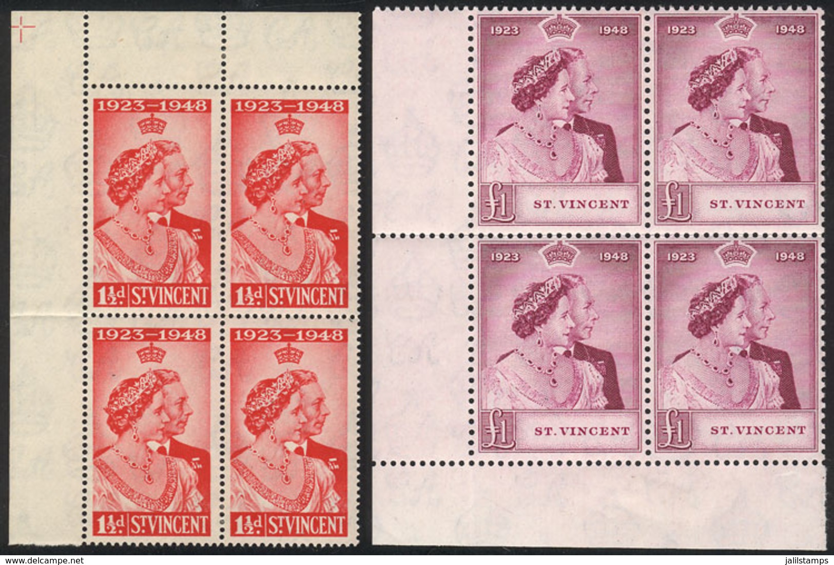 SAINT VINCENT: Sc.154/155, 1948 Royal Wedding, Set Of 2 Values In Corner Blocks Of 4, 2 Examples In Each Block Are MNH A - St.Vincent (...-1979)