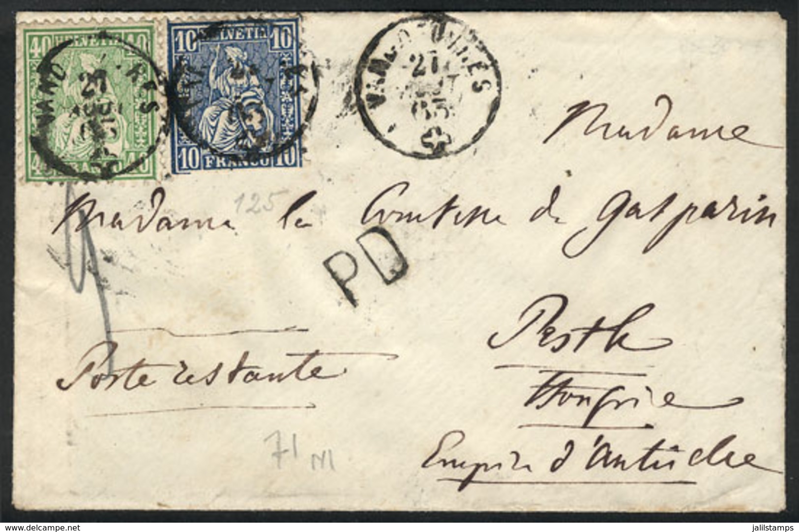 SWITZERLAND: Cover Sent From WANDOUCHRES To Pest (Hungary) On 27/AU/1863 Franked With 50c., VF Quality, Interesting! - ...-1845 Precursores