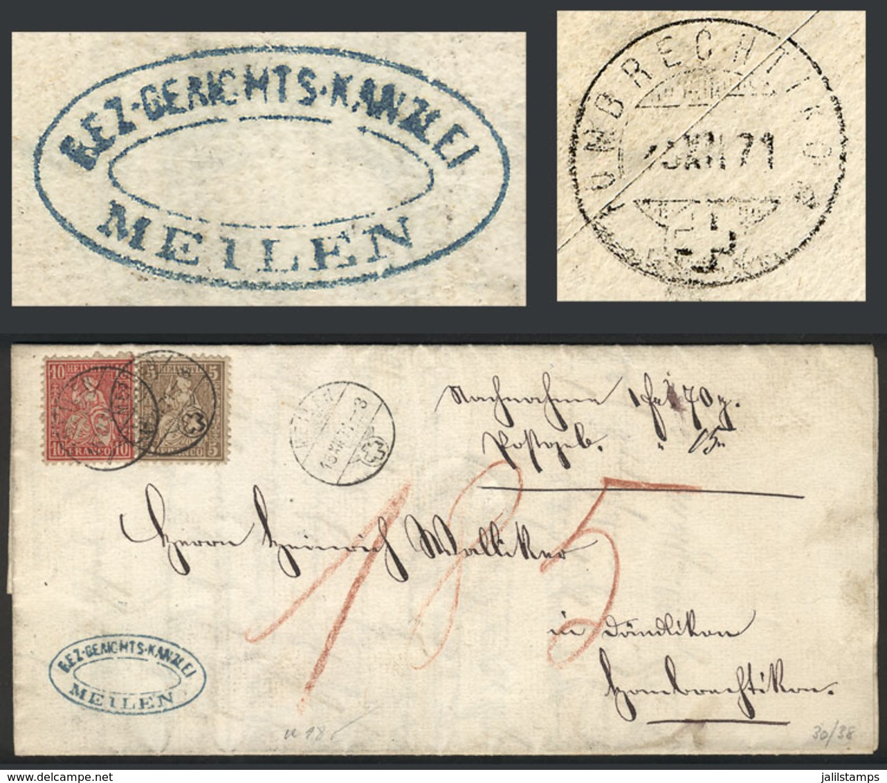 SWITZERLAND: Entire Letter Sent From MEILEN To HOMBRECHTIKON On 15/DE/1871 Franked With 15c., Nice Cancels, VF Quality! - ...-1845 Voorlopers