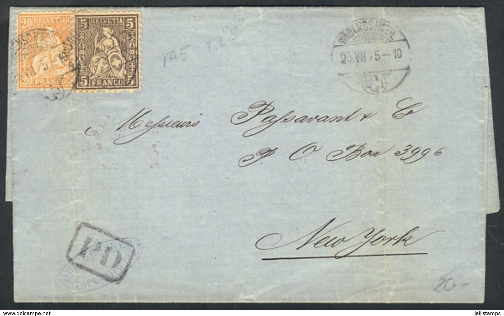 SWITZERLAND: Entire Letter Sent From WÄDENSCHWEIL To New York On 25/JUL/1875 Franked With 25c., Handsome! - ...-1845 Prephilately