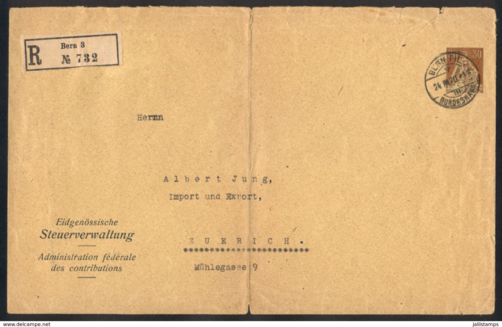 SWITZERLAND: 30c. Stationery Envelope Sent By Registered Mail From Bern To Zürich On 24/MAR/1920, Vertical Central Creas - ...-1845 Prephilately