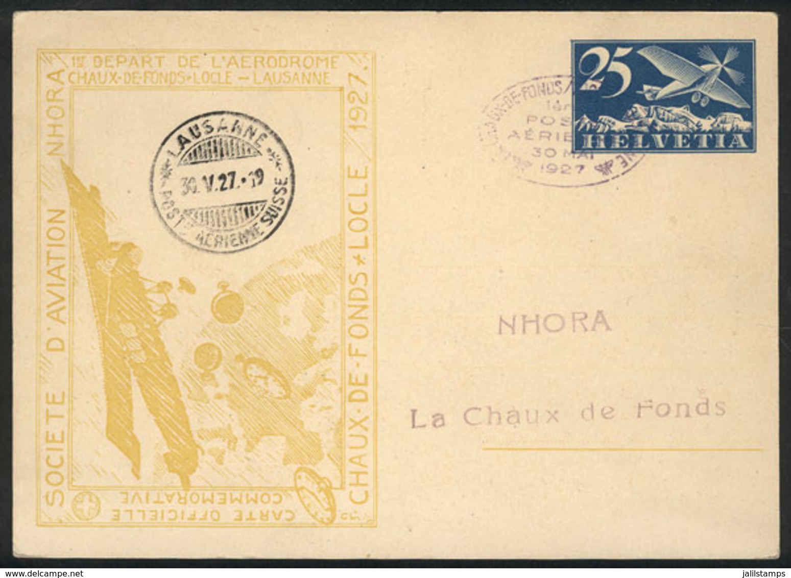 SWITZERLAND: 30/MAY/1927 Chaux-de-Fonds To Lausanne, First Flight, Special Postal Card (postal Stationery), Excellent Qu - ...-1845 Precursores