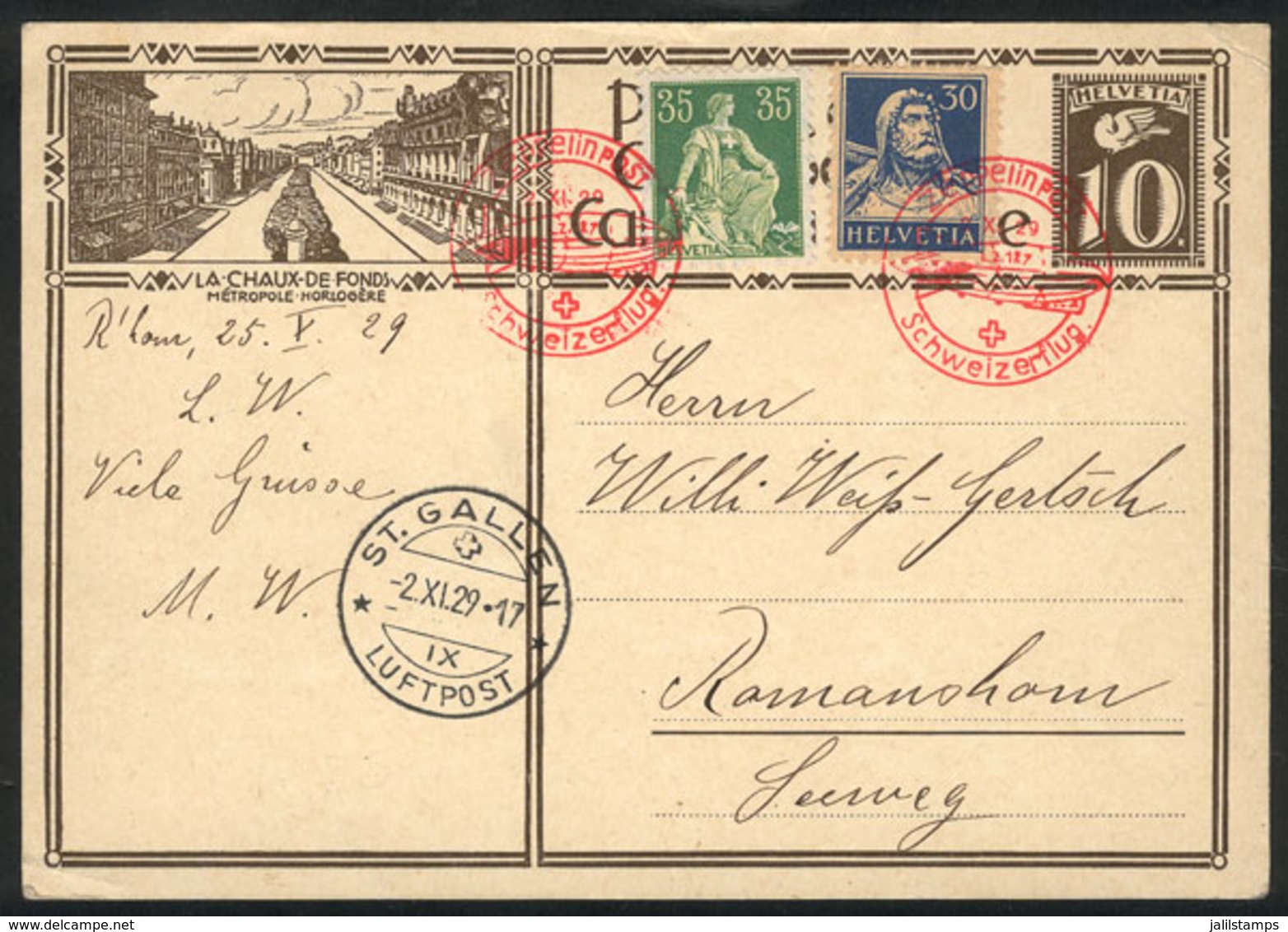 SWITZERLAND: Card Flown By ZEPPELIN On 21/NO/1929, Excellent Quality! - ...-1845 Precursores