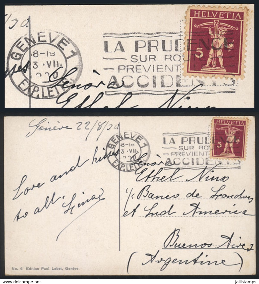 SWITZERLAND: PC Sent From Geneve To Buenos Aires On 22/AU/1930, Cancel With Slogan About Prevention Of Car Accidents, Ex - ...-1845 Precursores