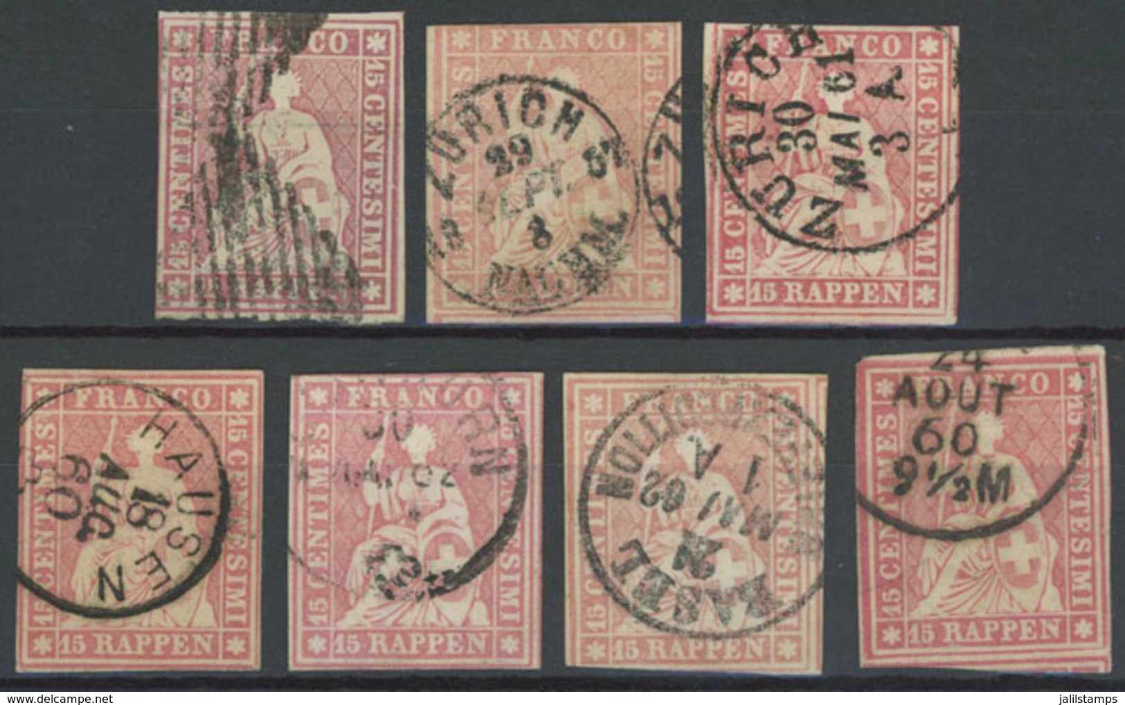 SWITZERLAND: Sc.14 + Similar Values, 1854/1862 15Rp., Stockcard With 7 Used Examples, Most Of Fine Quality. There Is An  - Lotes/Colecciones