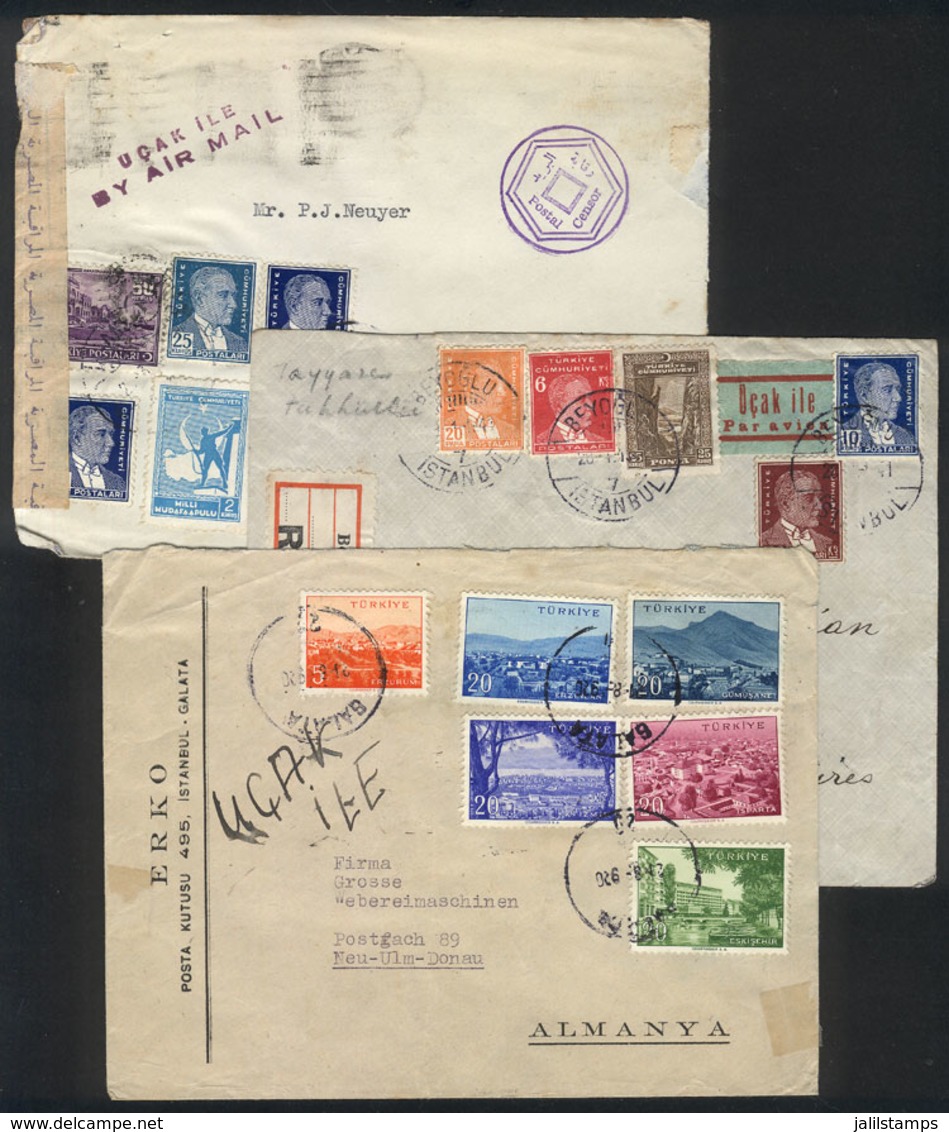 TURKEY: 3 Covers Sent To Argentina (2 Airmail) And Germany Between 1944 And 1950 With Nice Postages, One With Defects, T - Brieven En Documenten
