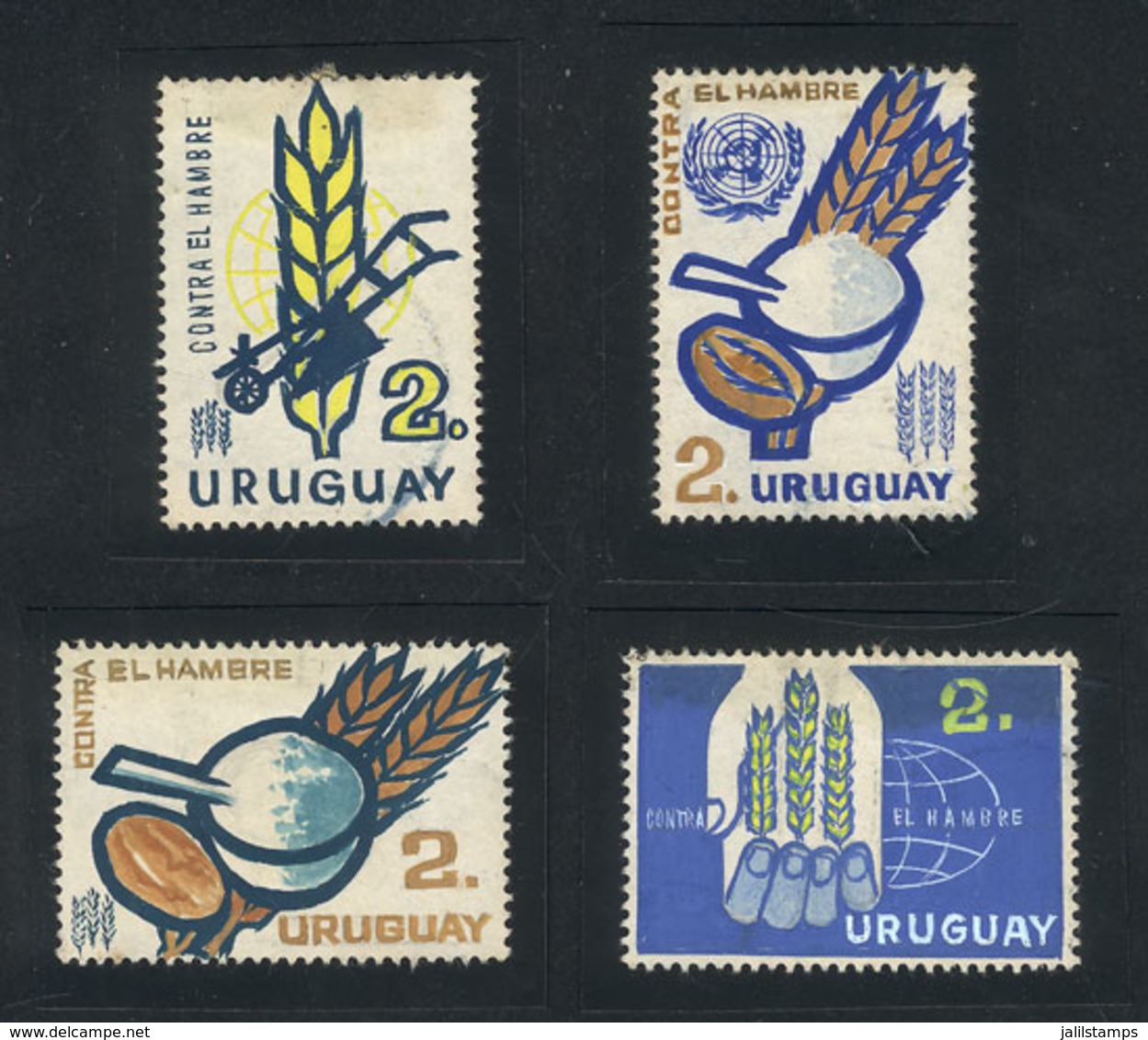 URUGUAY: Sc.700/701, 1963 Fight Against Hunger, 4 Unadopted Artist Designs By Angel Medina M., Size Approx. 32 X 44 Mm,  - Uruguay