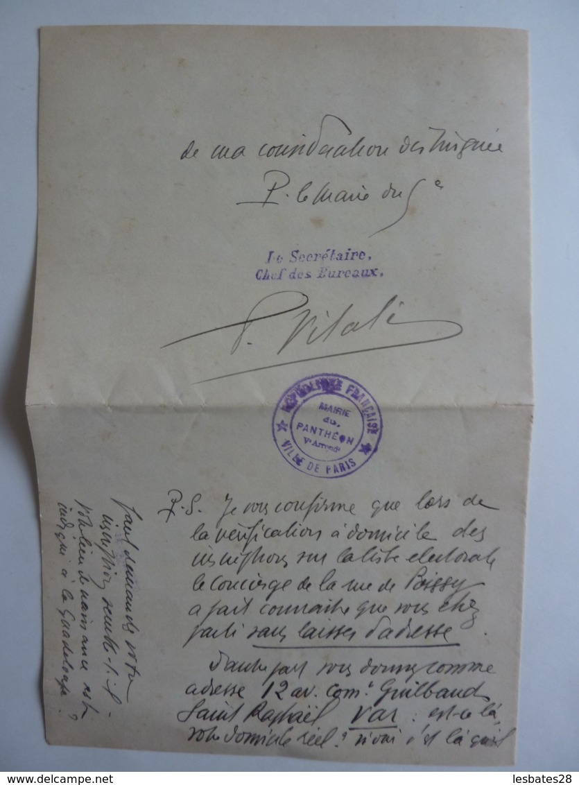 MAIRIE DU PANTHEON 5 é ARRONDISSEMENT DE PARIS AUTOGRAPHE SIGNATURE Cachet Mairie -réponse-1935   Déc 2018 Abl 5 - Historische Dokumente