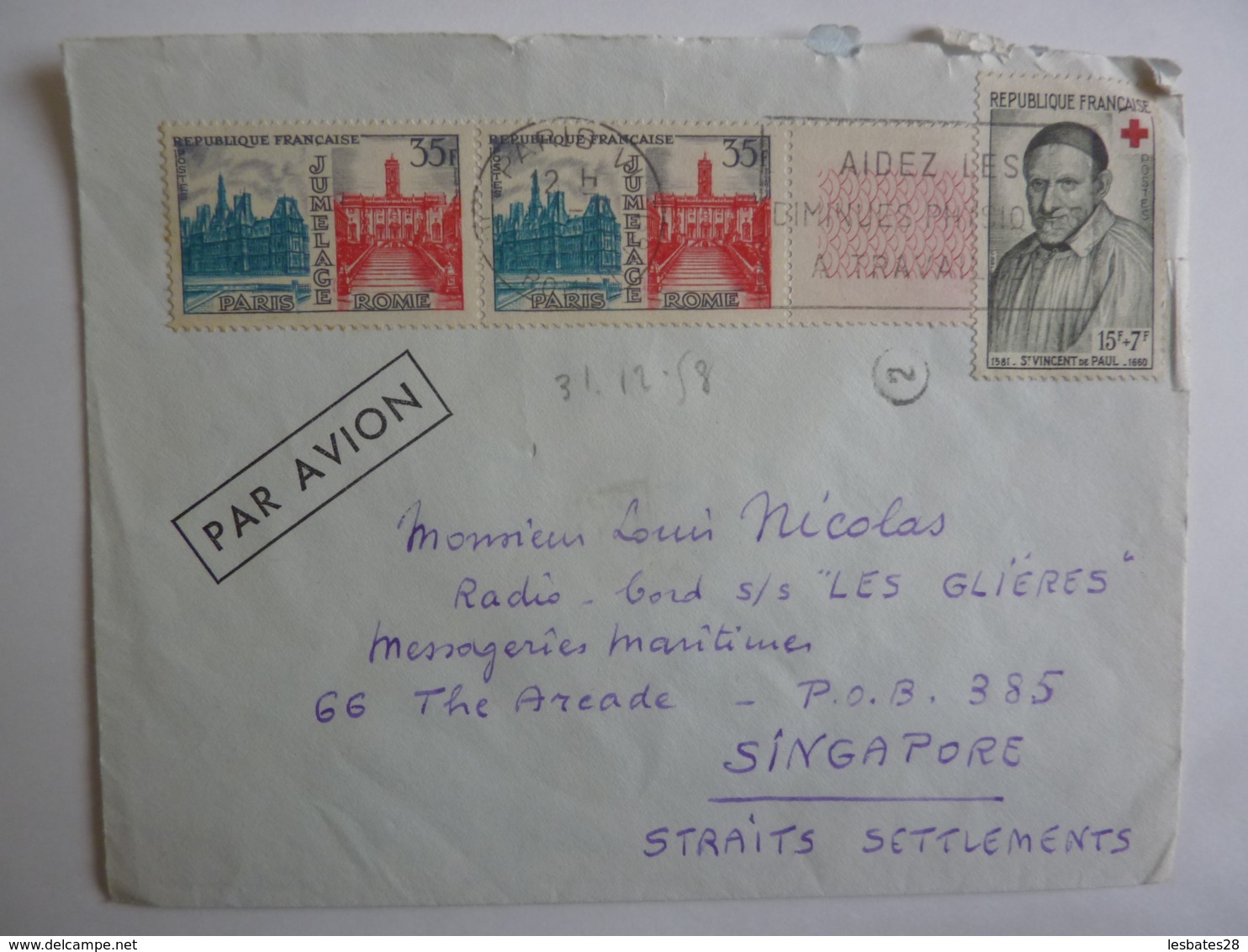 Lettres Messageries Maritimes CARGO " LES GLIERES" Vers SINGAPORE STRAITS SETTLEMENTS  Timbres Divers Erinnophilie - 1921-1960: Période Moderne