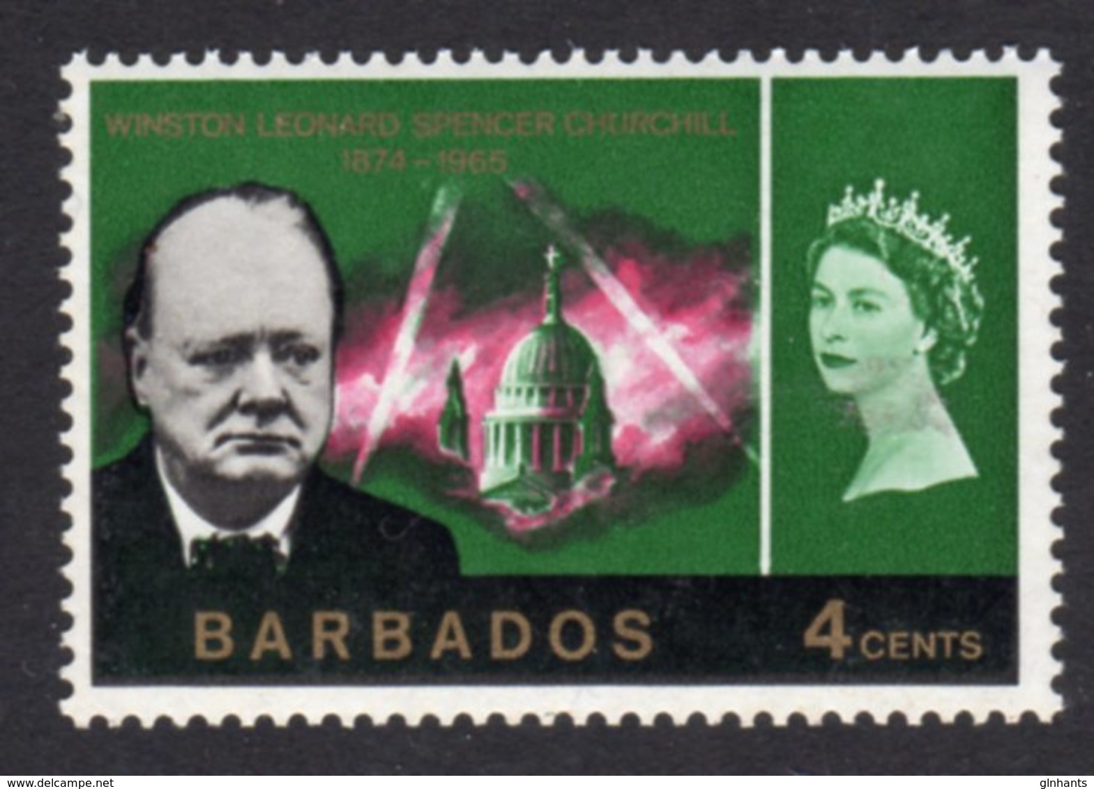 BARBADOS - 1966 CHURCHILL COMMEMORATION 4c STAMP FINE UNMOUNTED MINT ** SG 337 - Sir Winston Churchill