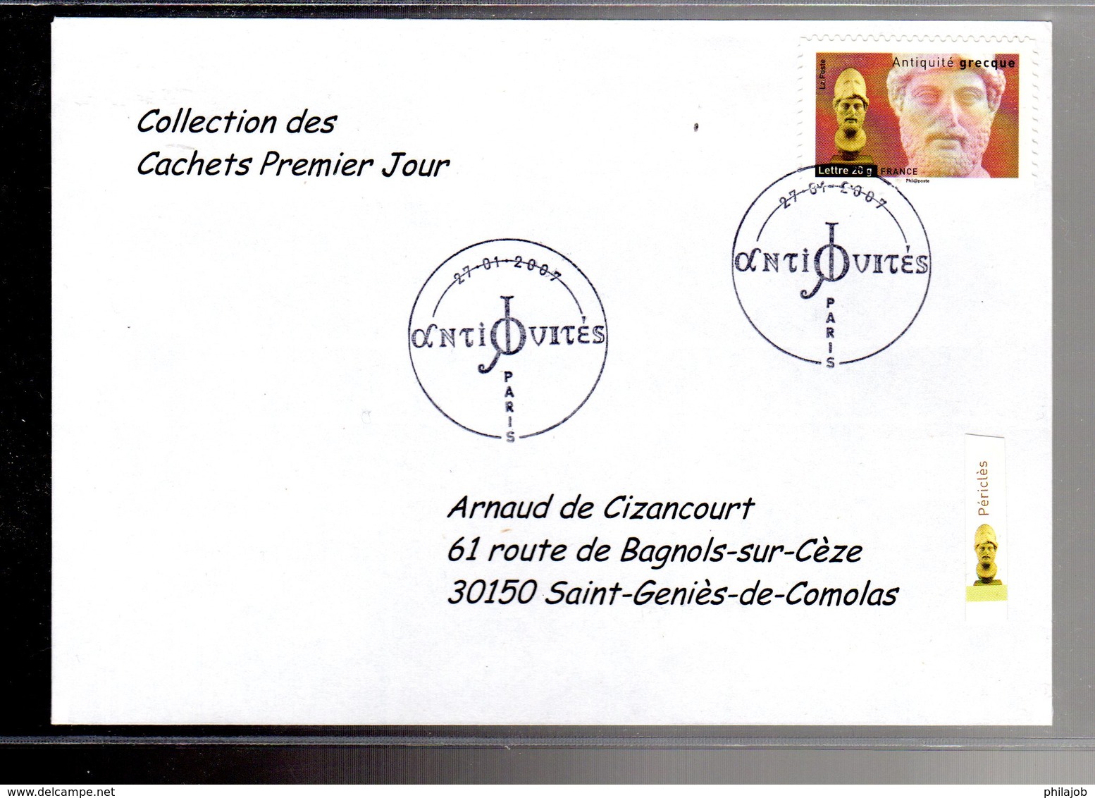 " TETE DE PERICLES / ADHESIF " Sur Enveloppe 1er Jour De 2007 De La Collection " CACHETS PREMIER JOUR " N°YT ADH 113 - Other & Unclassified
