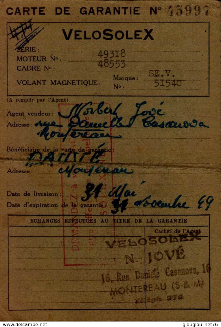 CARTE DE GARANTIE No ...VELOSOLEX A Mr      1949 - Autres & Non Classés