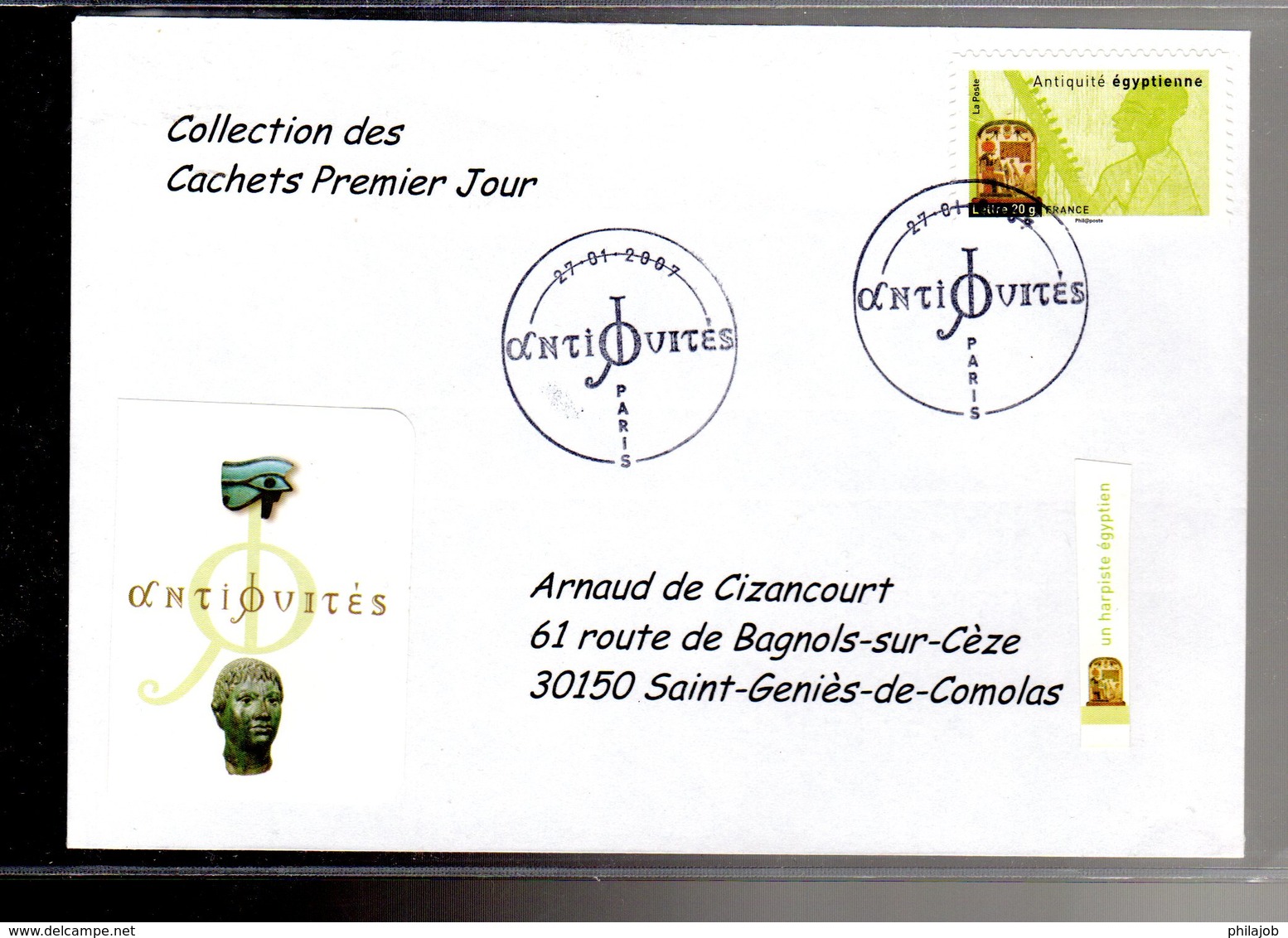 " HARPISTE EGYPTIEN / ADHESIF " Sur Enveloppe 1er Jour De 2007 De La Collection " CACHETS PREMIER JOUR " N°YT ADH 110 - Autres & Non Classés